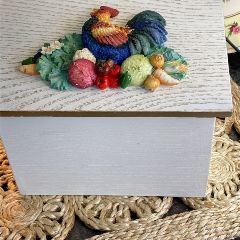 White Box with Colorful Rooster and Vegetables Design